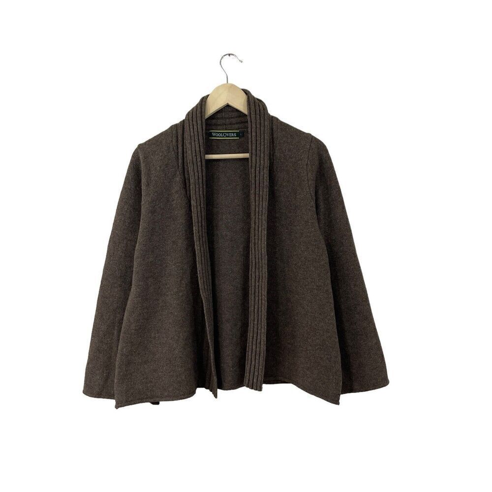 Woolovers Large Wool Sweater Cardigan Brown Open Front Wide Sleeve Womens